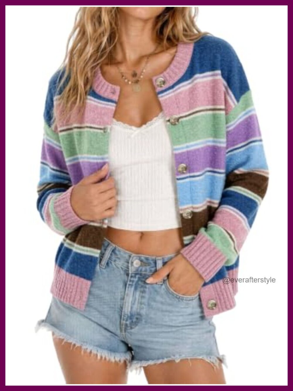 Women's Striped Cardigan Sweater Button Up Open Front Long Sleeve Cozy Fall